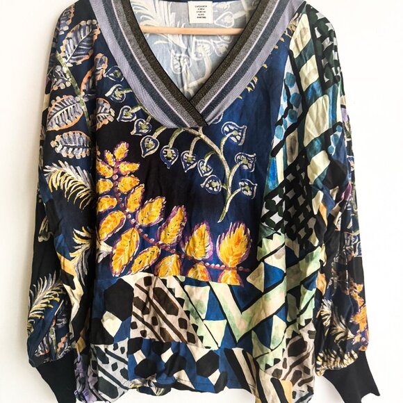 Aldo Martins Floral V Neck Mixed Media Knit Top L - Picture 3 of 7